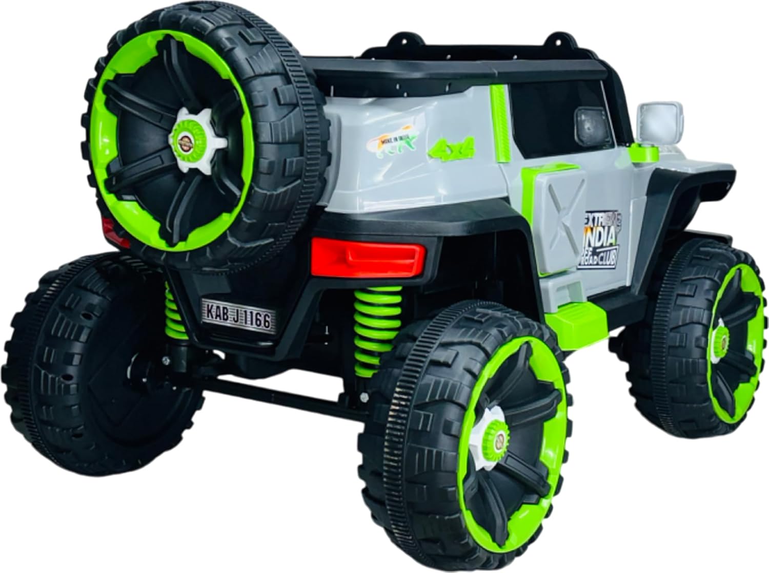 Toy monster truck with large wheels and green accents on a white background